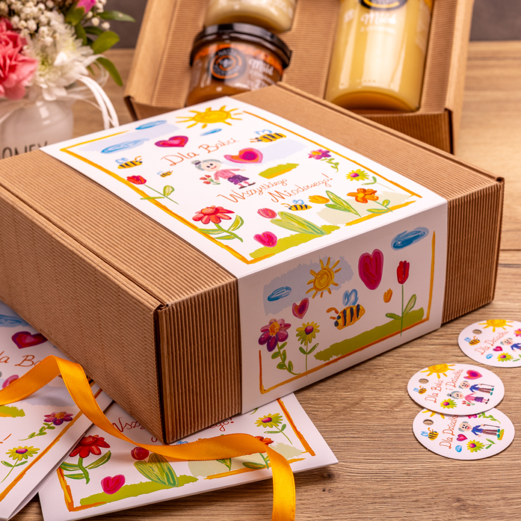 1 duży miód i 2 miodki w pudełku na Dzień Babci i Dziadka