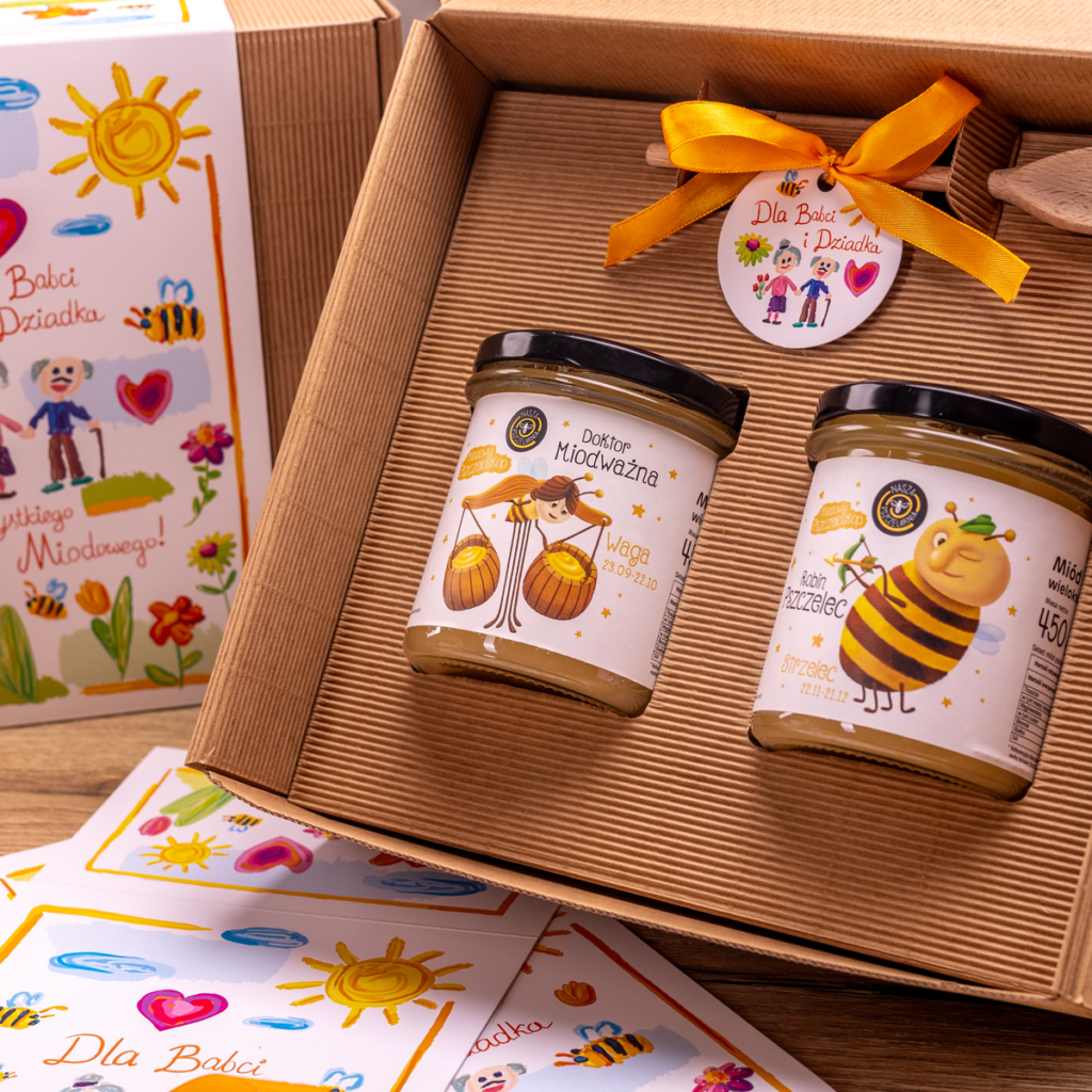 2 miody w pudełku na Dzień Babci i Dziadka z 2 znakami zodiaku