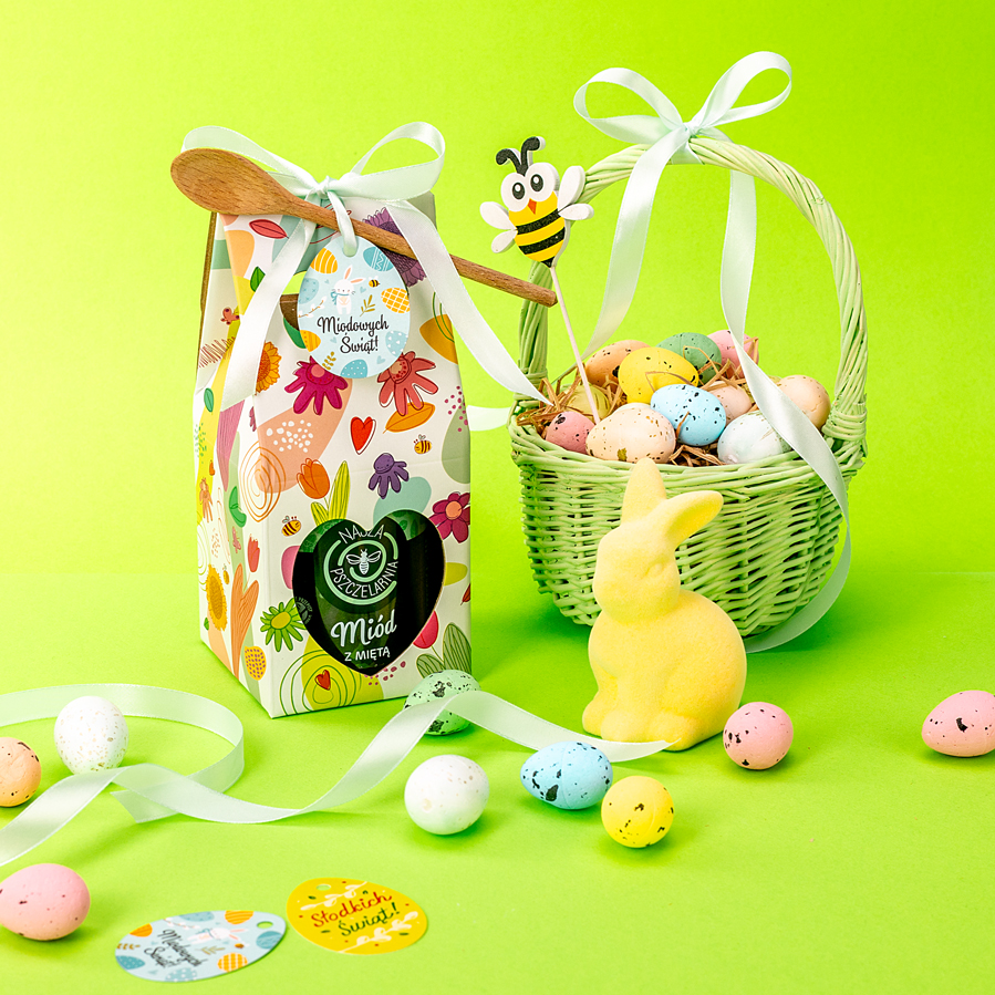 1 miód w kolorowym pudełku na Wielkanoc