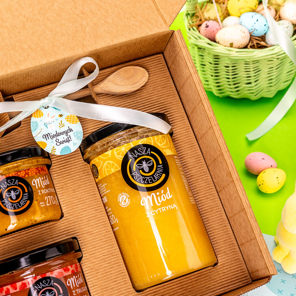 1 duży miód i 2 miodki w pudełku na Wielkanoc