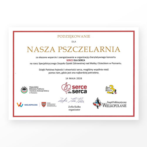 Podziękowanie dla Naszej Pszelarni za wsparcie charytatywnego koncertu Serce dla Serca.